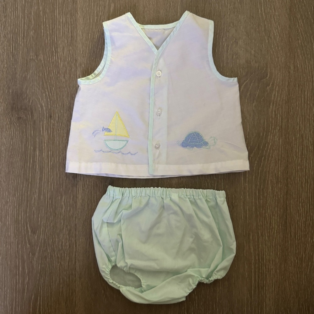 Babycrest Vintage Set Unisex 6/9M White Mint Green Embroidered Nautical
